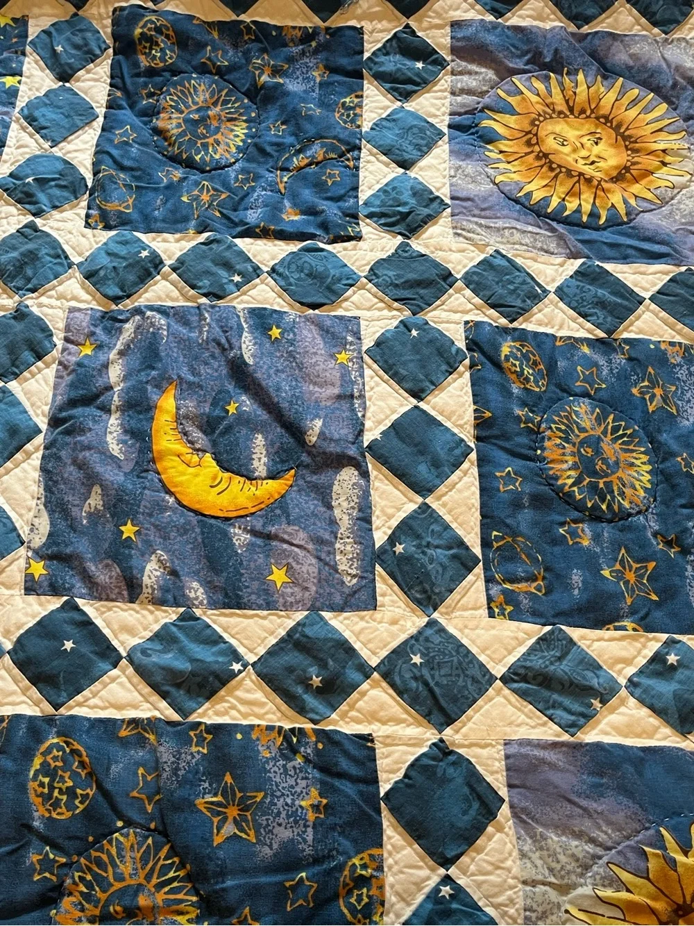 Celestial Sun & Moon Blue Patchwork Quilt Queen Size 86x94 handmade no tag/maker